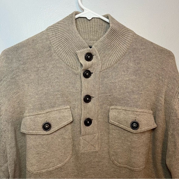 Gap Mens Sweater Large Tan Henley Wool Blend Double Elbows Mock Neck Pockets - Picture 2 of 12